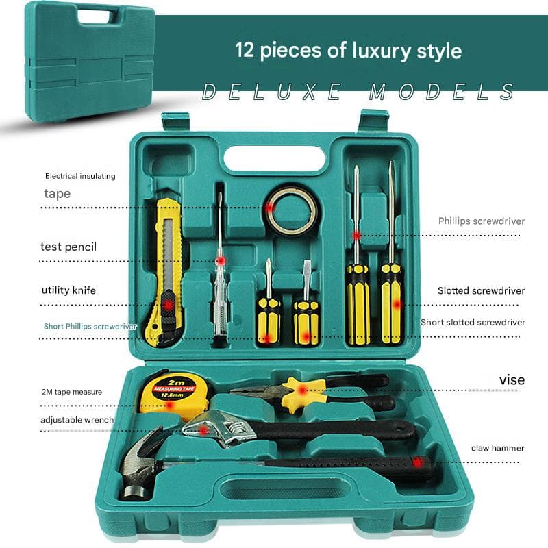 Green 12 Piece Set -Multi-Purpose Home & Car Tool Kit - Blow-Molded Case