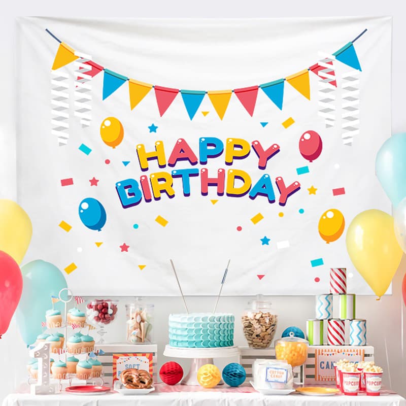 Cartoon Birthday Wall Tapestry Banner(Flag and balloon style) - Colourful