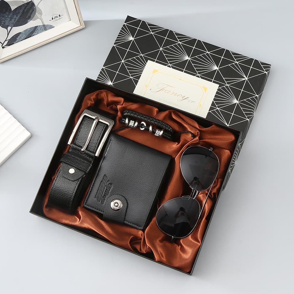 Black 4-Piece Men's Gift Set - Leather Wallet, Belt, Sunglasses & Bracelet