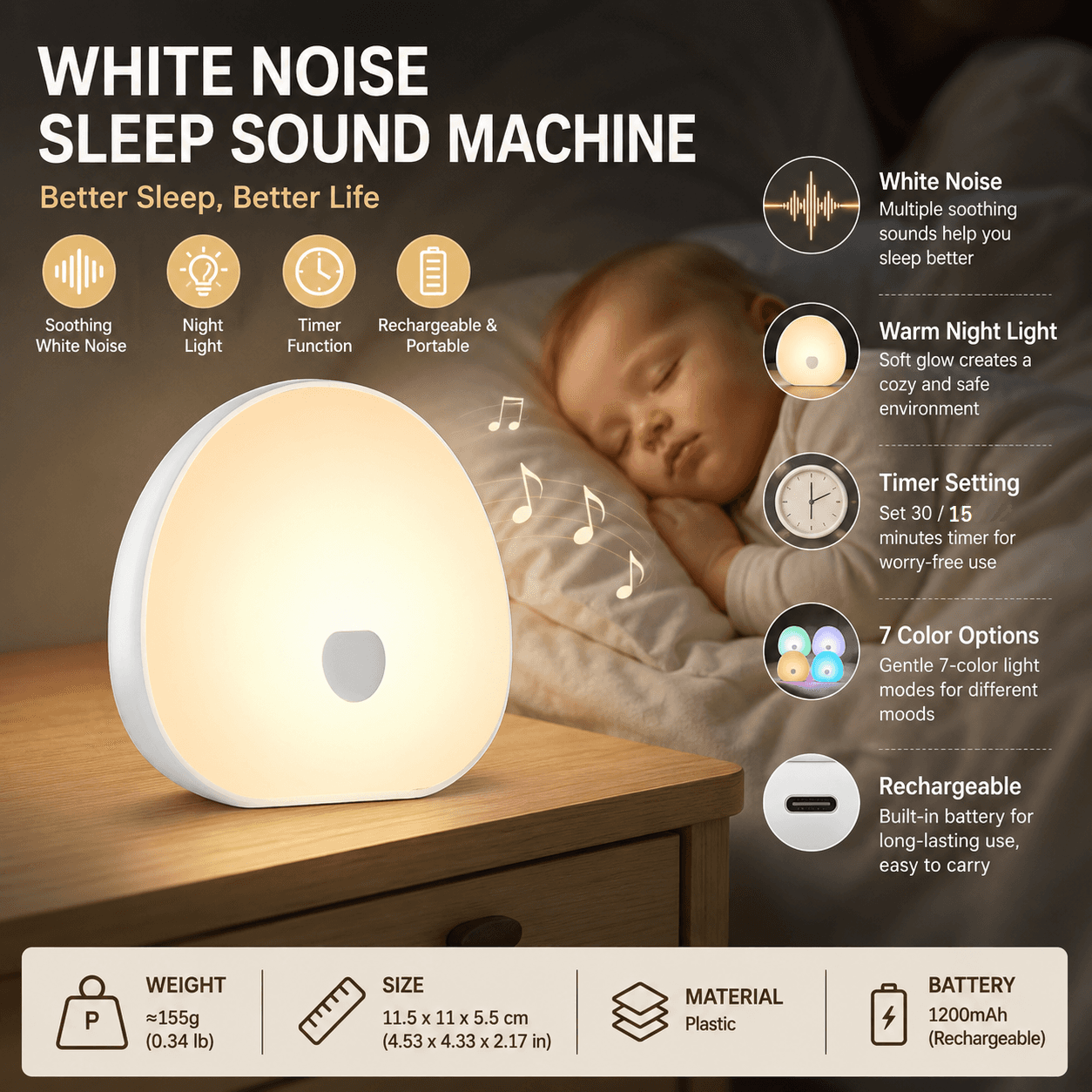 White Rechargeable White Noise Sleep Aid Night Light - 10 Soothing Nature