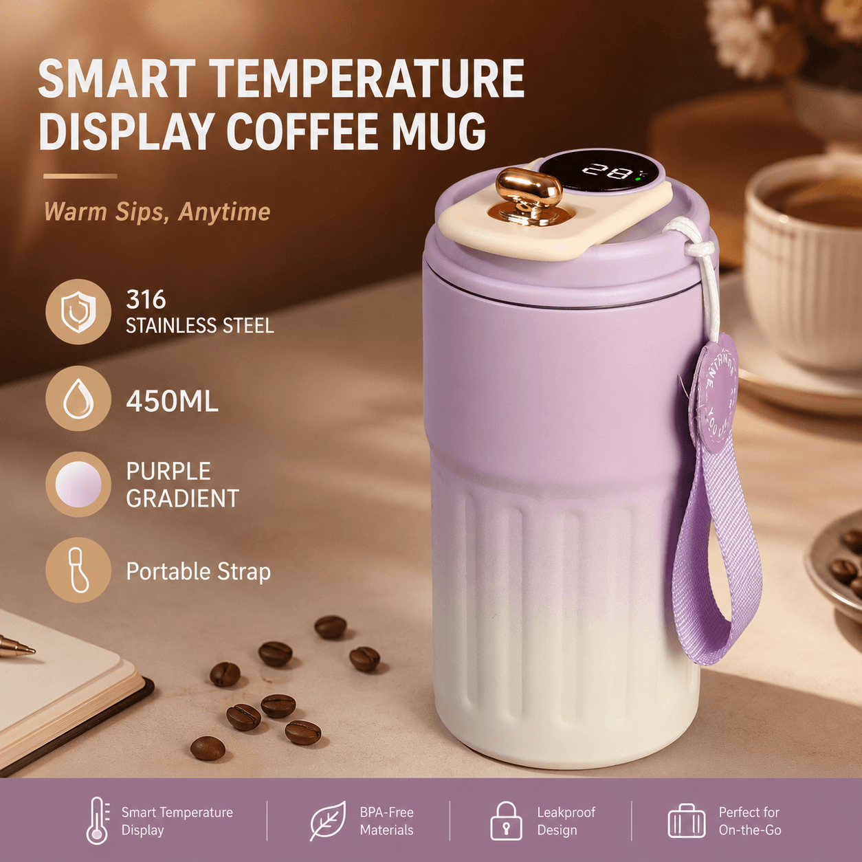 Smart Coffee Tumbler (Gradient Purple) 450 ml Vacuum - Purple 450 ml Vacuum