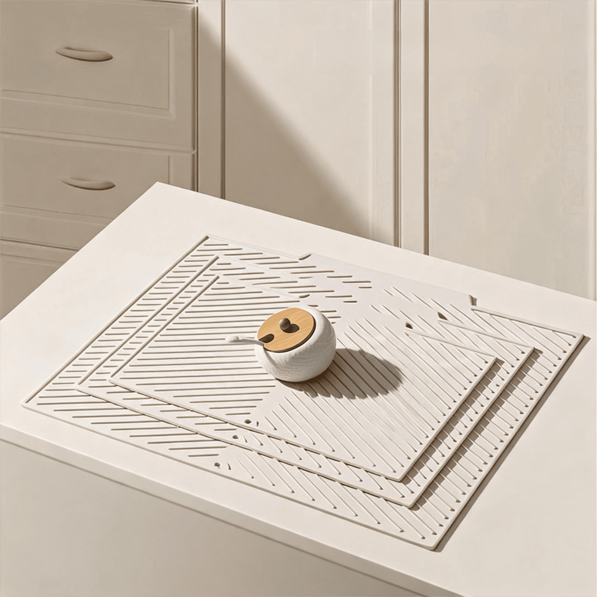 3-Piece Beige Silicone Draining Mat Set Kitchen Counter Protector