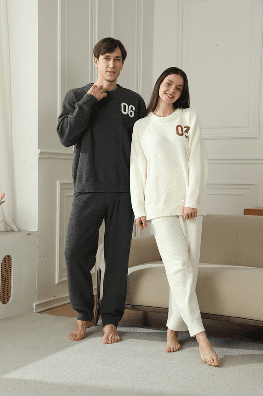Dark Gray Men's Warm & Cozy Semi-Flannel Couple's Pajamas - Knitted Digital