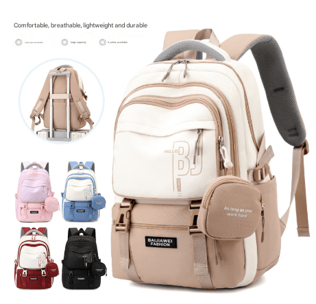 Brown and White Large Capacity Student Backpack - Oxford Cloth - Brown White