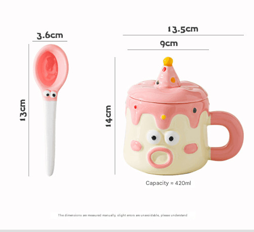 Pink Cartoon Character Ceramic Mug Set - 420 ml with Fun Cake Design Lid