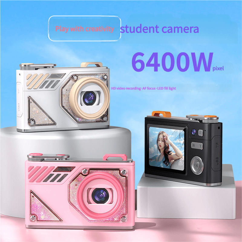 Glitter Sand Design 64MP HD Digital Camera with LED Fill Light & Auto - Pink