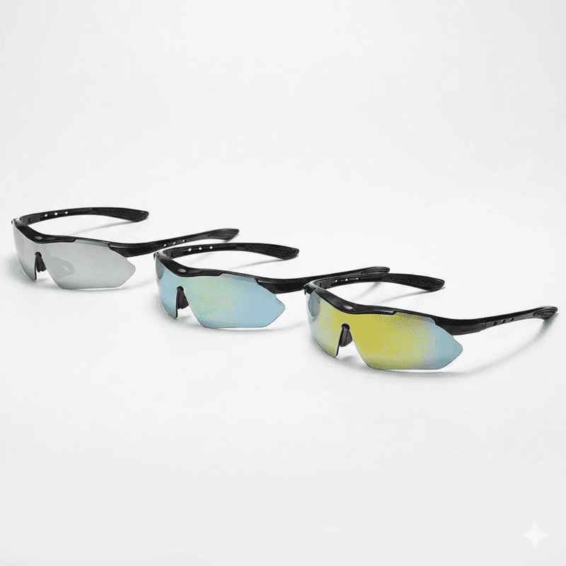 3-Piece Outdoor Cycling Sunglasses Set Black Frame Sports Glasses Silver