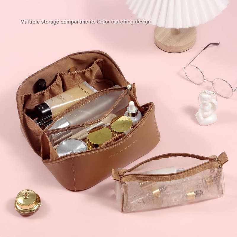 Beige PU Leather Makeup Bag & Toiletry Organizer with Detachable Mesh Pouch
