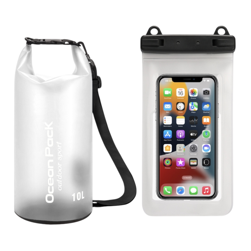 White 10L PVC Waterproof Swimming Bag Bonus with Waterproof Phone Pouch