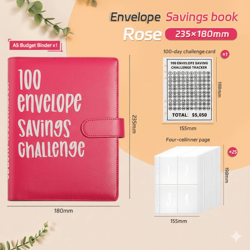 100 Envelope Savings Challenge Binder - A5 PU Leather Budget Planner - Red
