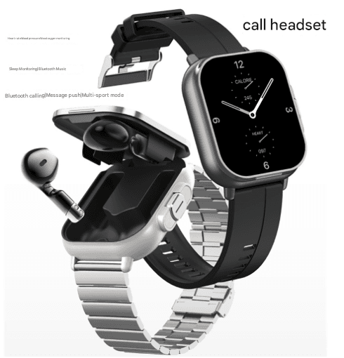 Black 2-in-1 Bluetooth Smartwatch with Integrated Earbuds for Sports
