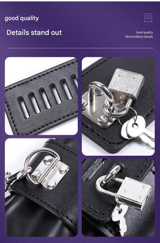 PU Leather Padded Bondage Mitts with Locking Straps & Connecting Chain - Red