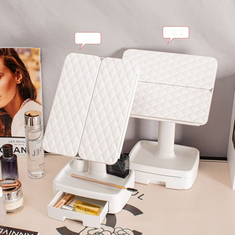 Tri-Fold Shell LED Vanity Mirror - Smart Makeup Gift with Storage
