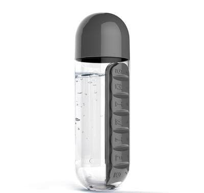 2-Piece 2-in-1 Water Bottle with 7-Day Pill Organizer - 600 ml - Black