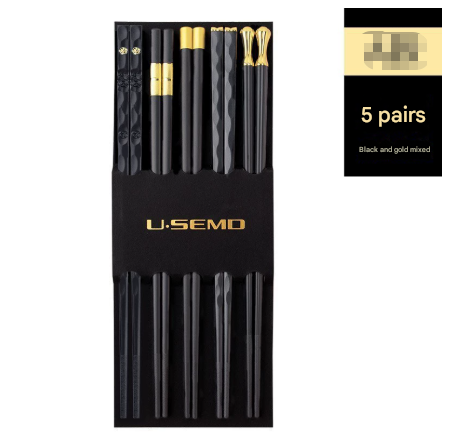 Two-piece Set Alloy Chopsticks 5-Piece Set-Pair - 24.3 cm Black and Gold