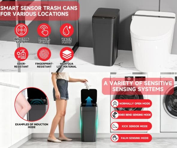 Black Smart Sensor Trash Can - Slim,, and Hands-Free Waste Bin for Kitchen