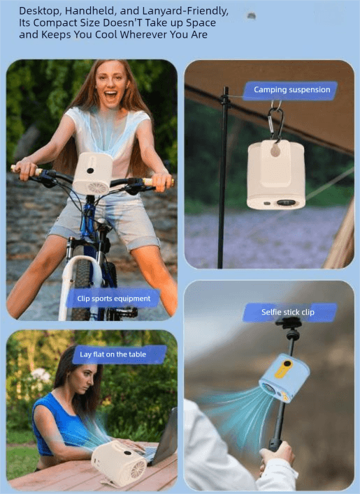 White High-Speed Mini Clip Fan with 360° Rotation - Portable, Rechargeable