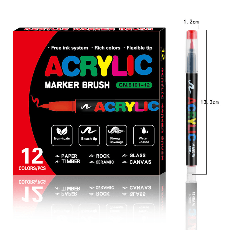 12-Color Liquid Acrylic Paint Markers - Soft Brush Tip - Art & Painting
