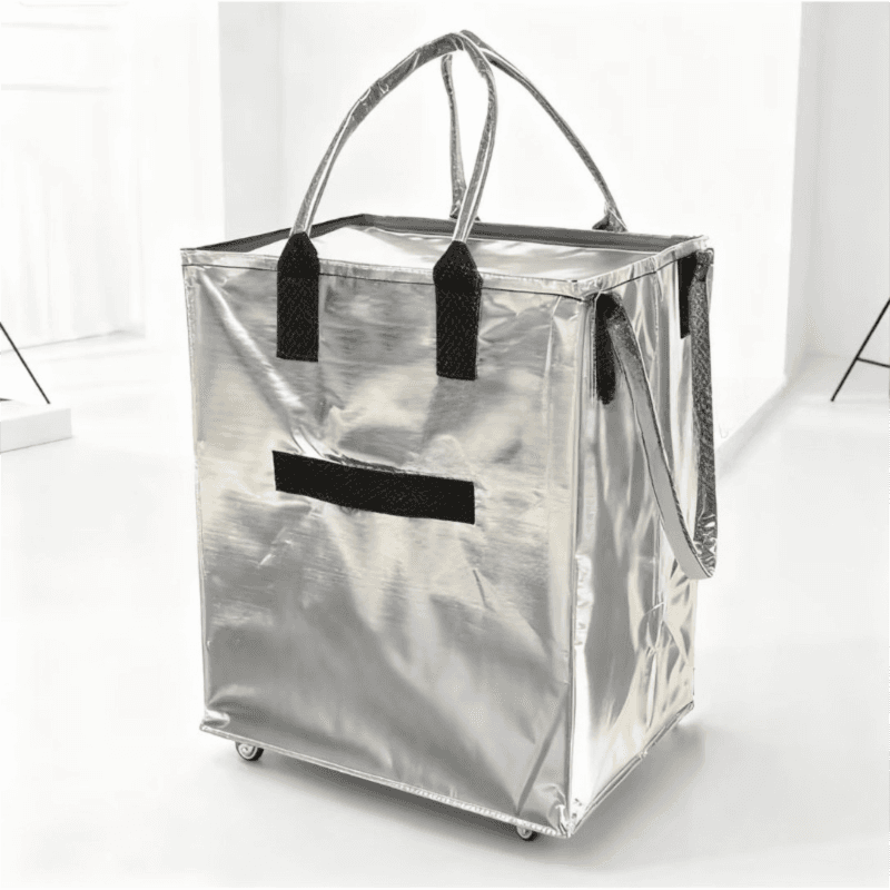 Silver Portable Folding Shopping Trolley Bag (50 × 40 × 30 cm) - Woven