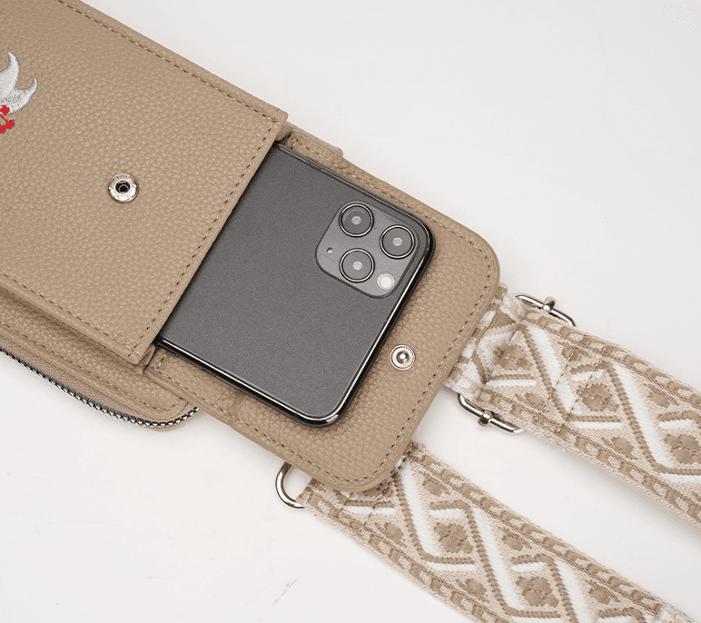 Brown Floral Embroidered 2-in-1 Crossbody Phone Bag with Coin Purse