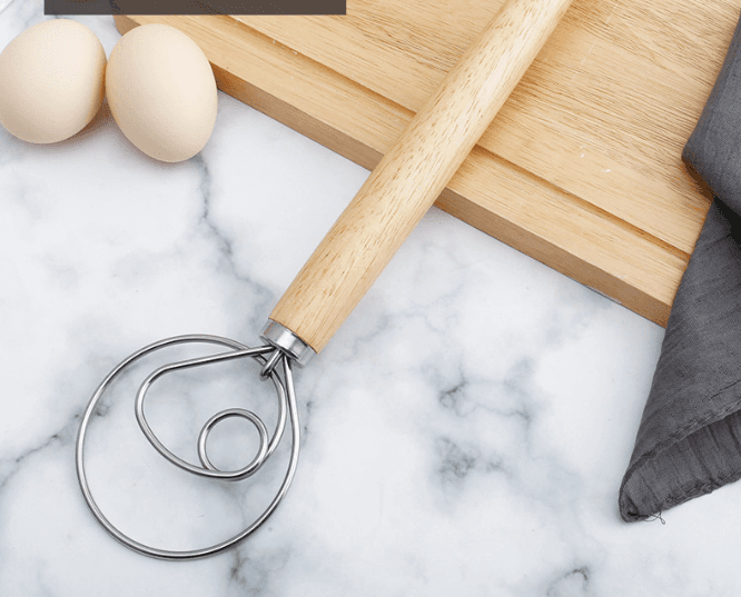 Danish Dough Whisk with Long Oak Handle - 13 Inch - Single Loop Design