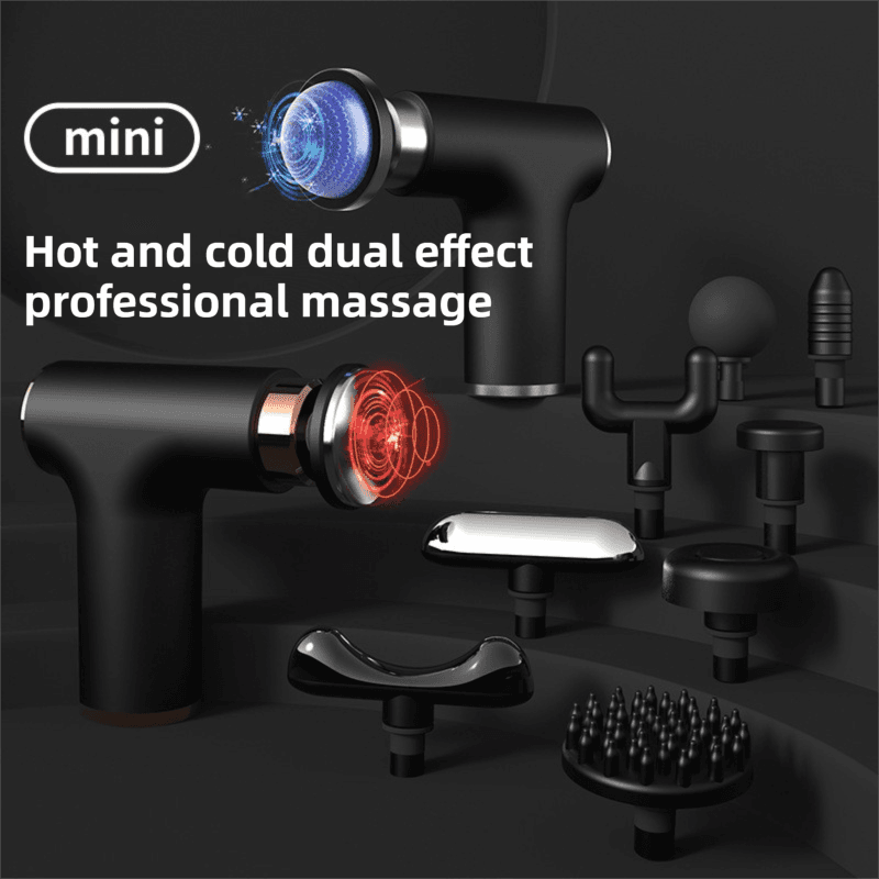 Black Grey Mini Hot Cold Massage Gun with10 Heads - 6 Intensity Dual Thermal