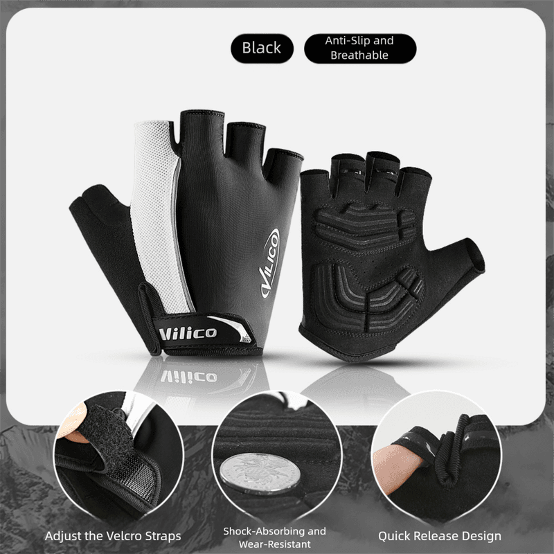 Size L Black Padded Half-Finger Cycling Gloves - Breathable Shock-Absorbing