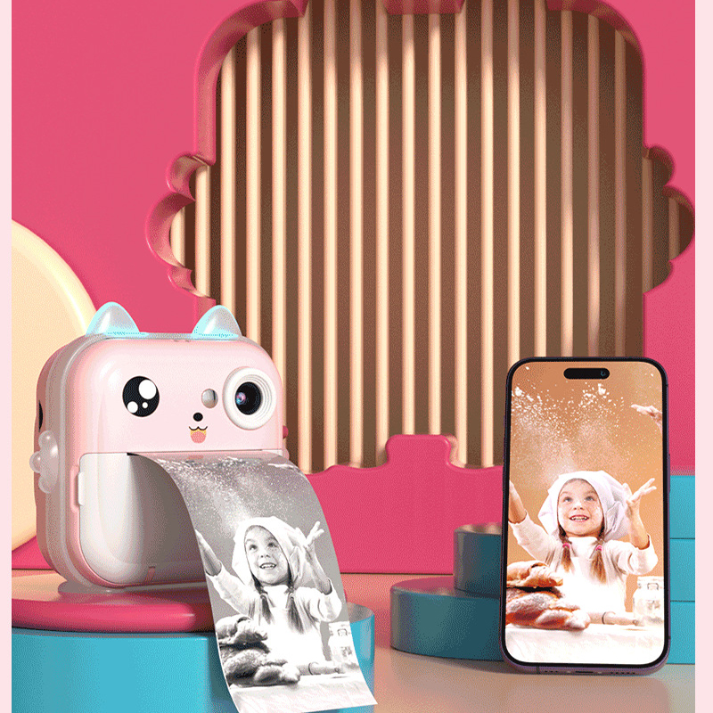 Pink cat Kids Instant Print Camera Zero Ink Digital Video Recorder with 32GB