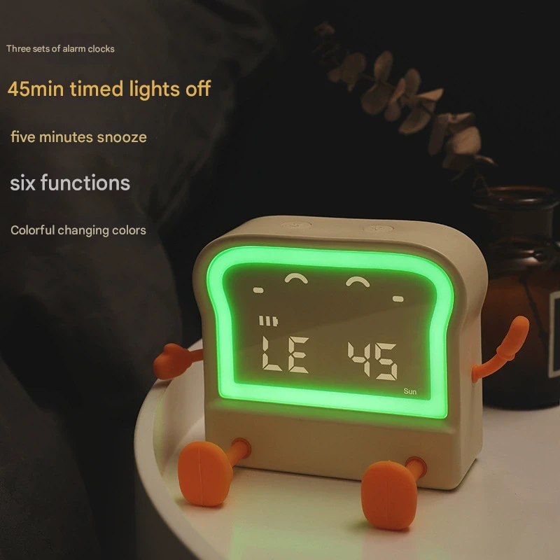 Toast-Shaped Digital Alarm Clock with Night Light & Phone Stand - Milky