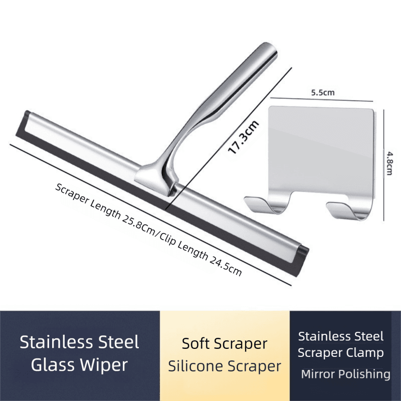 Silver Stainless Steel Shower Squeegee with Adhesive Hook Holder