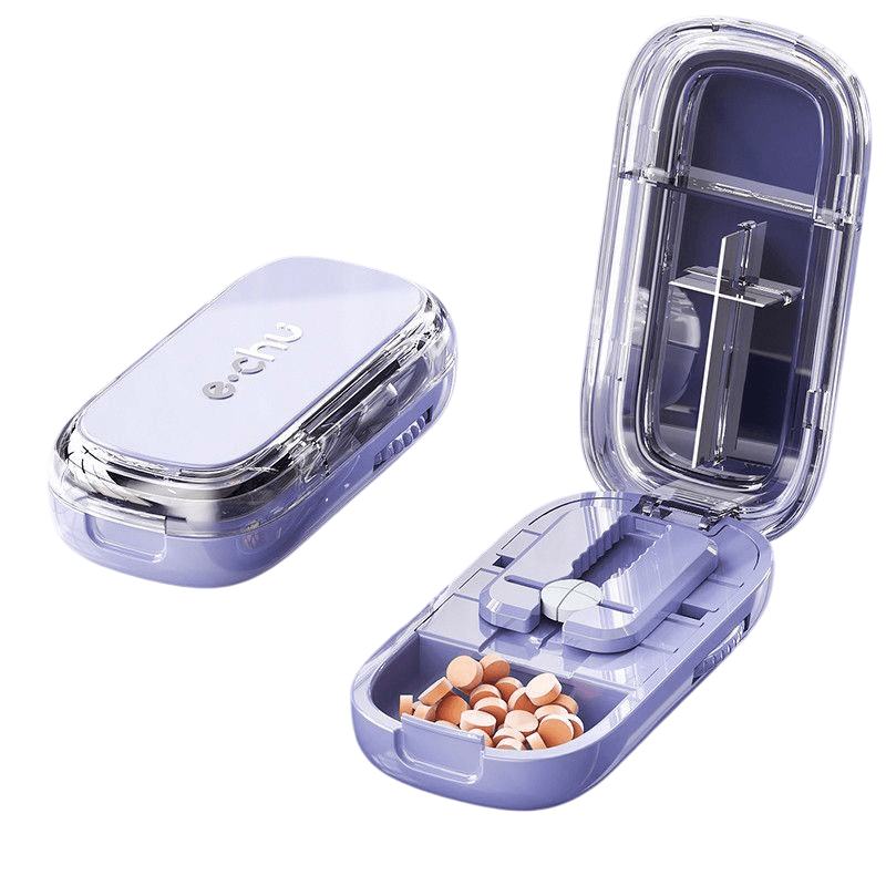 Purple Portable Mini Pill Organizer with 1/2 & 1/4 Precision Cutter