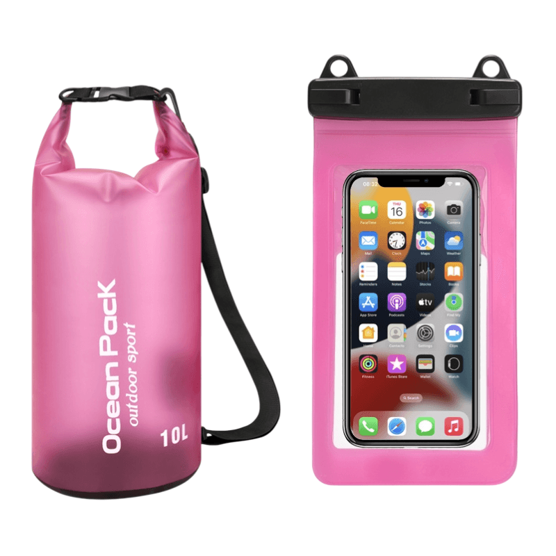 Pink 10L PVC Waterproof Swimming Bag Bonus with Waterproof Phone Pouch
