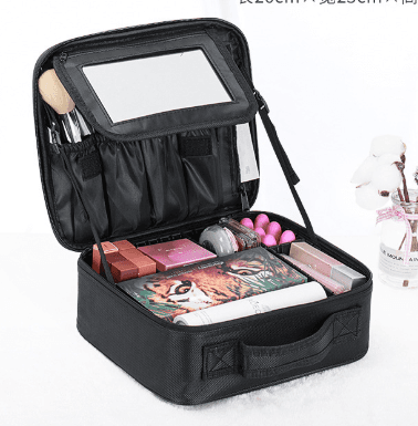 Black Oxford Fabric Makeup Case with Mirror and Partitions - All-in-One Tool