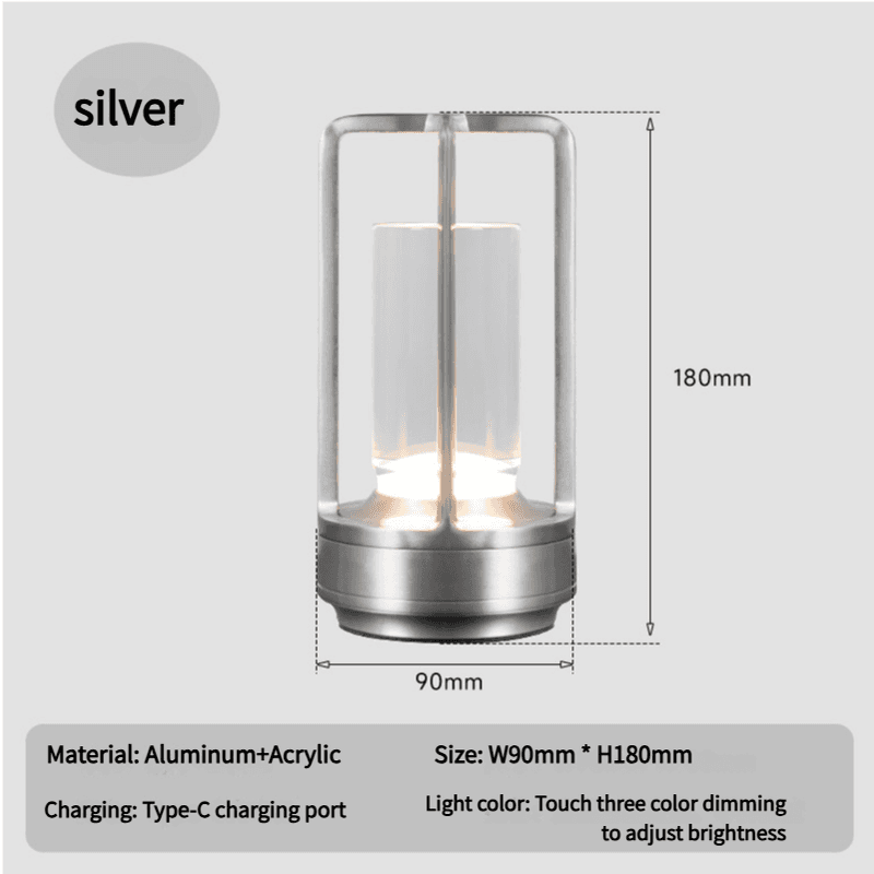 Silver Rechargeable Table Lamp - Touch Dimming 3-Color LED Light for Bedroom
