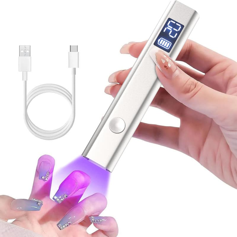 Silver Handheld UV LED Nail Curing Pen - Portable USB-C Rechargeable Light