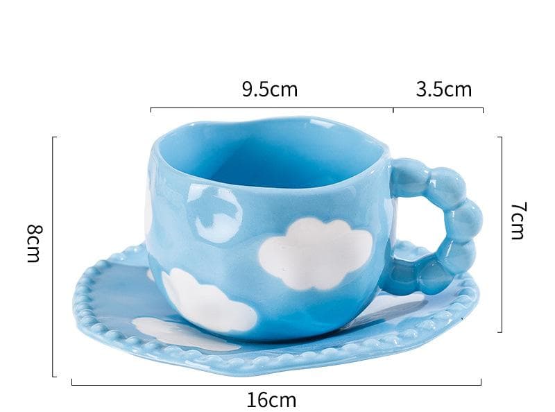 Hand-Painted Ceramic Coffee Mug and Saucer Set - Blue Sky White Clouds