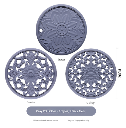 Floral Silicone Trivet Mat Set (3-Pack, Black) - Heat-Resistant, Non-Slip