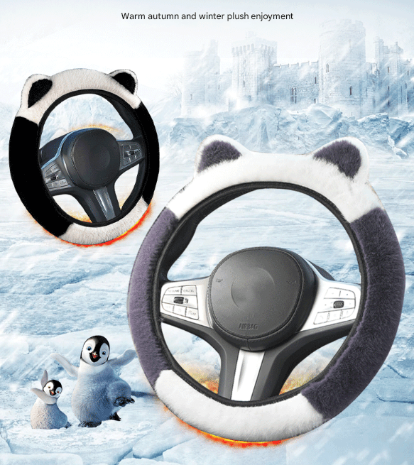 Pink Stitching Black Plush Cat Ear Steering Wheel Cover - & Fuzzy Winter
