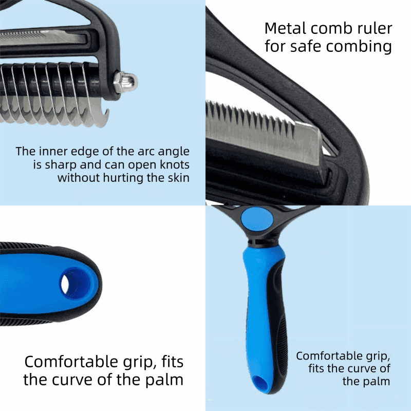 Blue Pet Grooming Comb - Fine Toothed Side for Hair Removal and Detangling