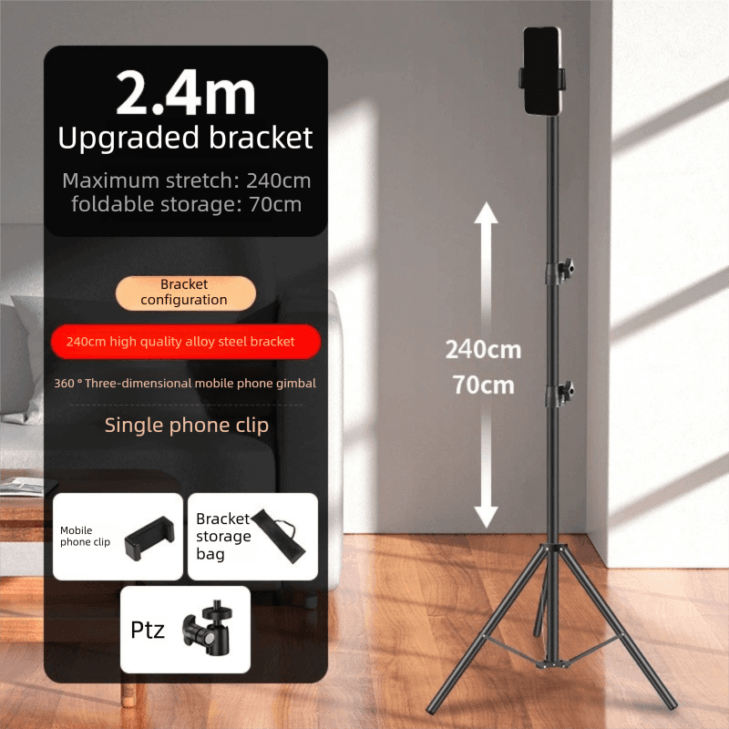 2.4m Black Tripod Stand with Phone Holder Adjustable Floor Stand for Live