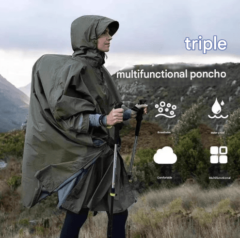 Orange 3-in-1 Waterproof Rain Poncho - Lightweight Hooded Raincoat, Ground