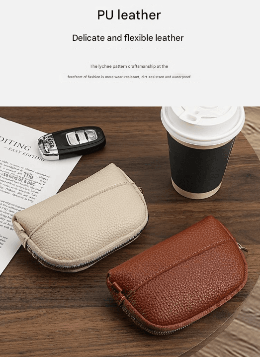3-Piece Brown Faux Leather Coin Purse - Mini Zipper Pouch & Compact Card