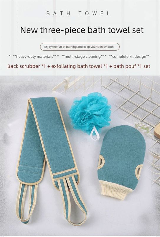 Blue 3-Piece Exfoliating Bath Set with Long-Handle Back Scrubber