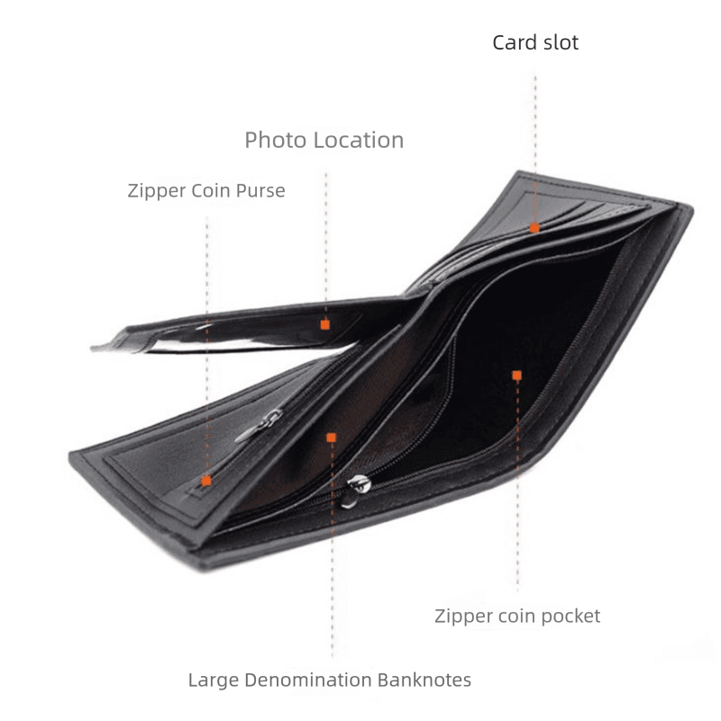 Black Men's PU Leather Bifold Wallet - Slim Short Design with Zipper Coin