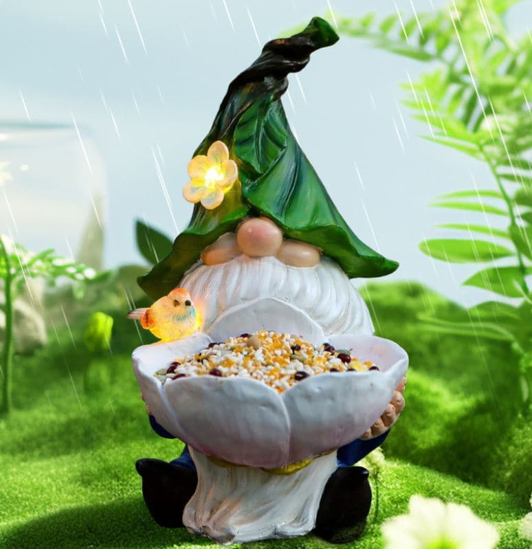 Solar Powered Garden Gnome Bird Feeder with Dual LED Lights - Automatic