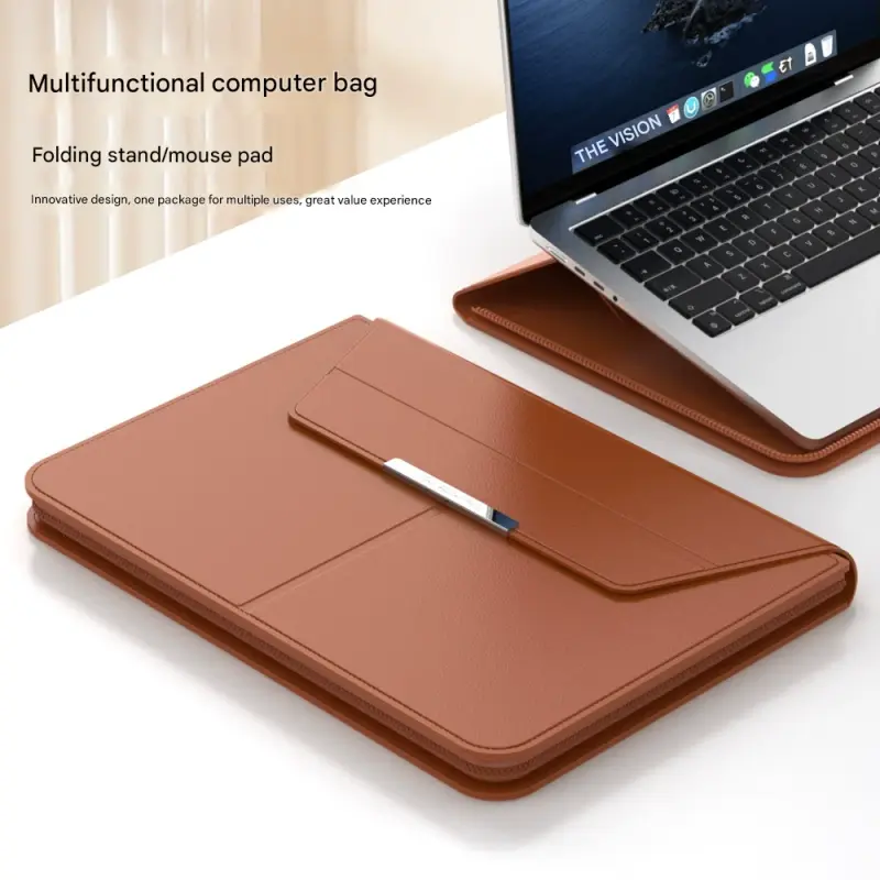 3-in-1 Detachable PU Leather Laptop Sleeve with Ergonomic - Brown 13/14 inch