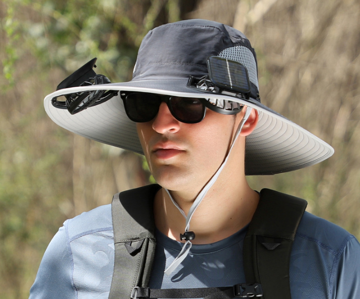 Dark Grey Dual Solar Fan Hat with Rechargeable Battery - Wide Brim UPF 50