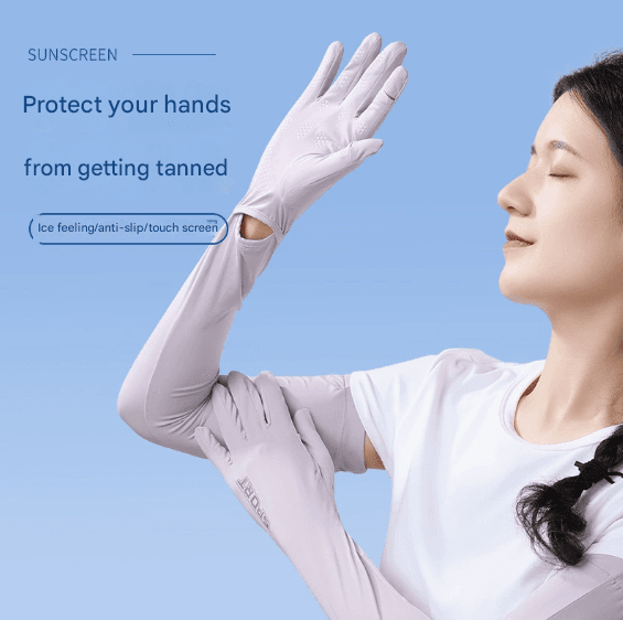 Purple Cooling UV Protection Arm Sleeves Long Sun Block Gloves Breathable