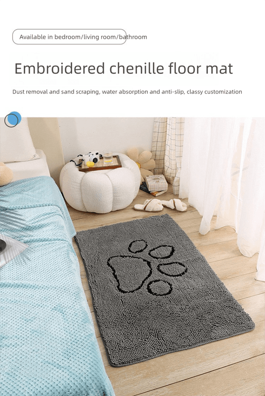 Grey Chenille Pet Mat Non-Slip Absorbent Dog & Cat Rug 50 × 80 cm Paw Print