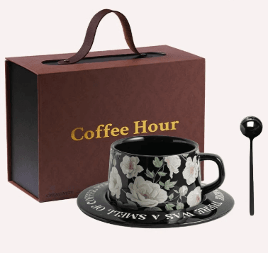 Black Camellia Ceramic Coffee Cup & Saucer Set - Couples Gift Box, Wedding